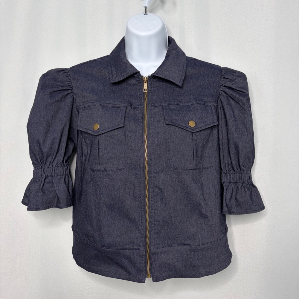 Cato Womens Dark Wash Puff Short Sleeve Zip Up Crop Jacket Ruffle Cuff Indigo Sm
